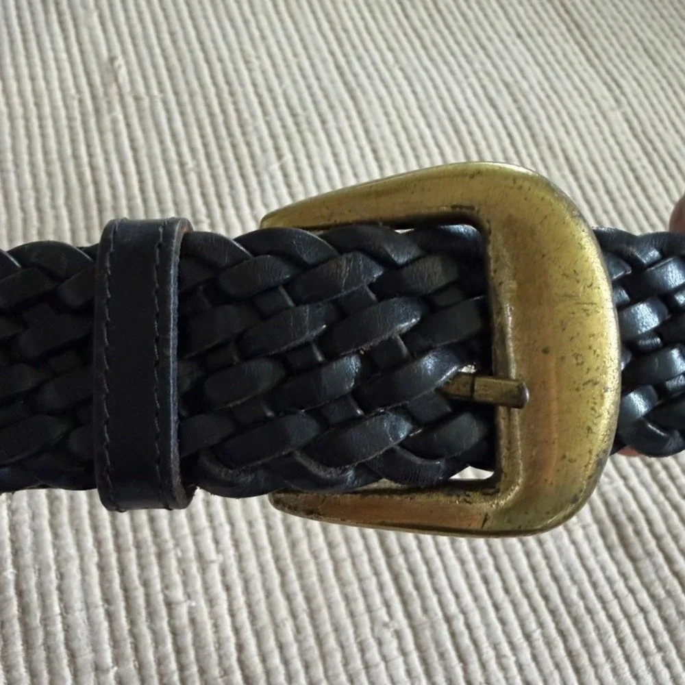 Braided Woven Leather Belt Womens M Black Genuine Leather Brass Buckle Vintage